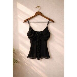 H&M Black Ruffle Cami Top Womens US 2 Sheer Chiffon Sleeveless Dressy Blouse
